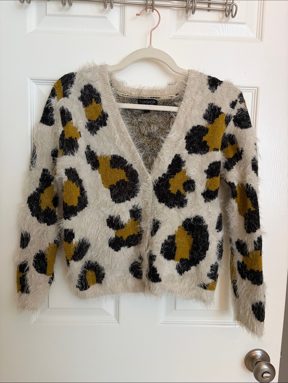 Topshop Cream, Black & Mustard Leopard Fuzzy Cardigan